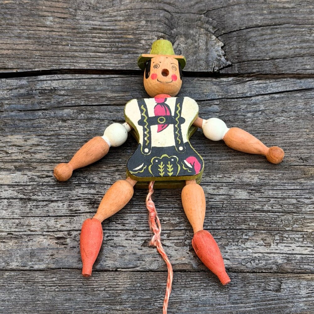 Vintage German Wood Jumping Jack Puppet Pull String Toy Wooden Lederhosen Boy